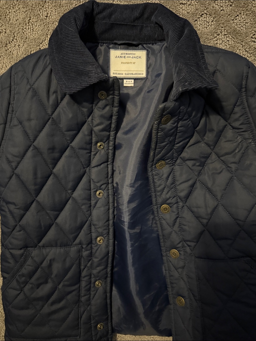 Janie and Jack Quilted Navy Puffer with Corduroy Collar